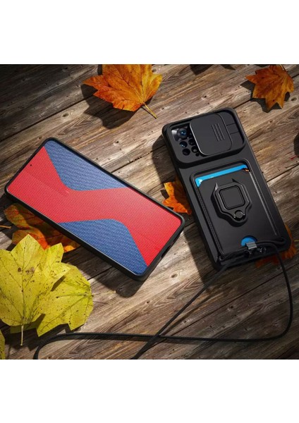 Xiaomi Redmi Note 11S Uyumlu Kılıf Kartvizitli Kamera Lens Sürgülü Korumalı Military Silikon Askılır