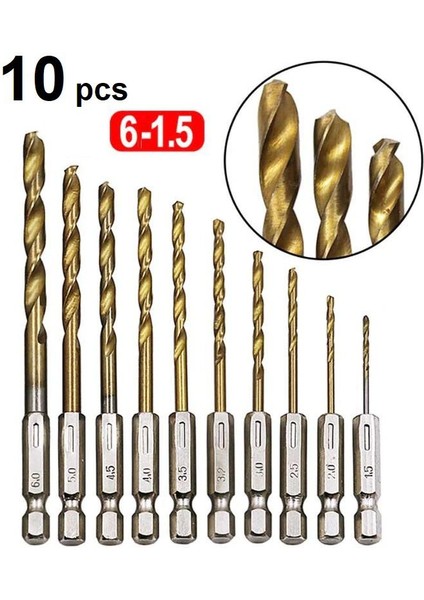 Hss Çelik Titanyum Kaplı Matkap Ucu Seti 10 Parça Altıgen Saplı 1/4 Hex Ahşap Metal Uç Takımı