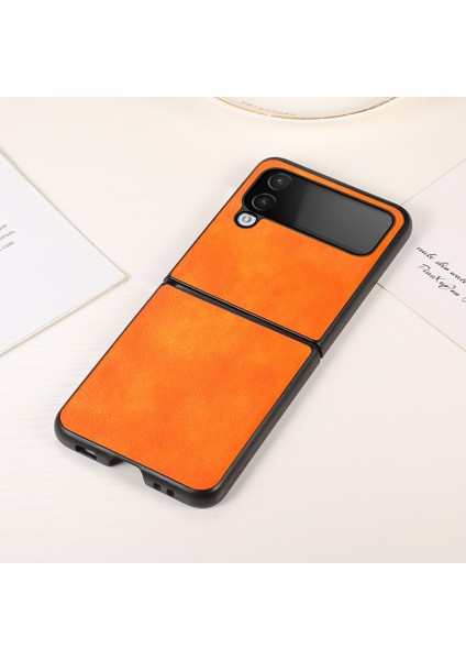Samsung Galaxy Z Flip4 Turuncu Için Iki Renkli Litchi Doku Kılıfı