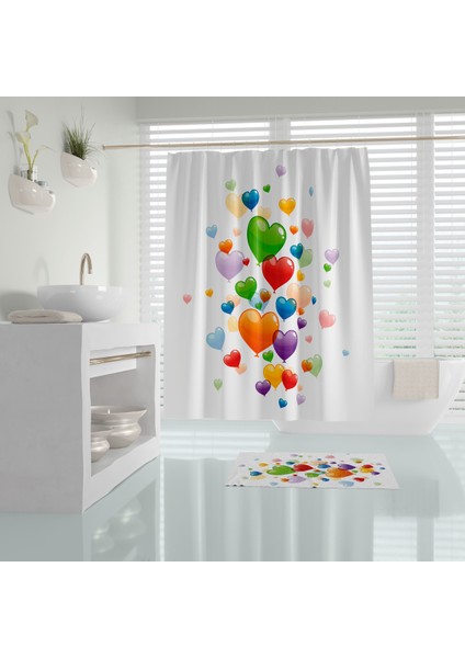 Renkli Balon Desenli Banyo Perdesi-Baskılı Banyo Duş Perdesi, 180x200cm Tek Kanat Küvet Perdesi