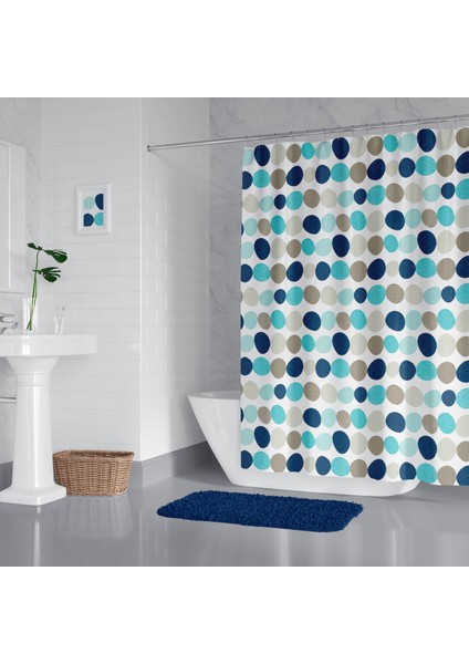 Renkli Noktalı Banyo Perdesi, Turkuaz Renk Küvet Perdesi, Dot Point Duş Perdesi Tek Kanat Perde