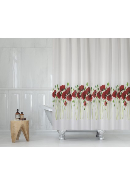 Gelincik Desen Kırmızı Banyo Perdesi-Tek Kanat Duş Perdesi, 180x200 Cm C Halkalı Küvet Perdesi modelleri