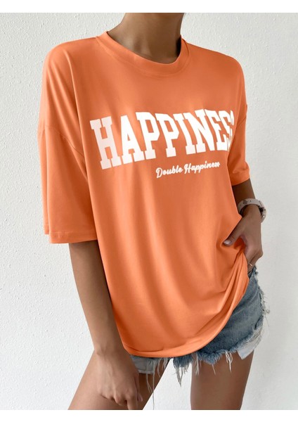 Kadın Happiness Baskılı Oversize T-Shirt indirimleri
