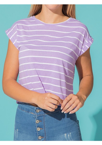 Lila Çizgili Crop Tişört fiyatları