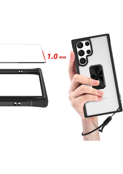 Samsung Galaxy S22 Ultra Uyumlu Kılıf Kapak Ipli Askılı, Metal Stand Yüzüklü Luxury Series Case fırsatları
