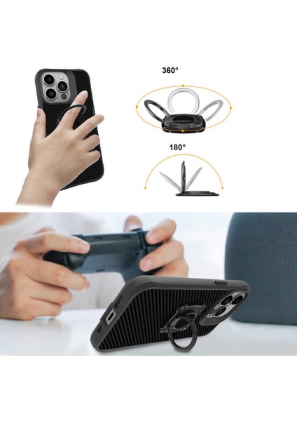 Apple iPhone 13 Pro Max Uyumlu Kılıf Kapak Göz Alıcı Karbon Fiber Koleksiyonu Stand Yüzüklü Case