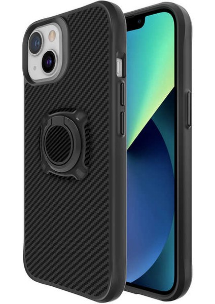 Apple iPhone 13 Uyumlu Kılıf Kapak Göz Alıcı Karbon Fiber Koleksiyonu Stand Yüzüklü Case