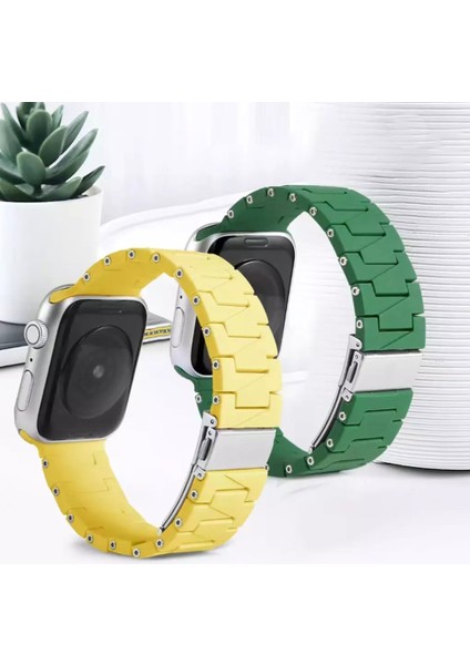 Apple Watch 6 ile Uyumlu Metal Görünümlü Çapraz Silikon Kayış 42-44MM Dalliance Kordon Koyu Yeşil fırsatları