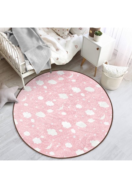 Pembe Zeminde Beyaz Bulutlar Çocuk & Genç Odası Makinede Yıkanabilir Kaymaz Tabanlı Yuvarlak Çocuk Halısı