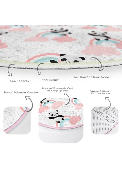 Gökkuşağı Ve Panda Çocuk & Genç Odası Makinede Yıkanabilir Kaymaz Tabanlı Yuvarlak Çocuk Halısı