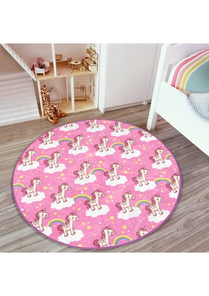 Gökkuşağı Ve Unicorn Motifli Çocuk & Genç Odası Makinede Yıkanabilir Kaymaz Tabanlı Yuvarlak Çocuk Halısı