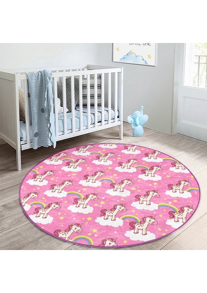 Gökkuşağı Ve Unicorn Motifli Çocuk & Genç Odası Makinede Yıkanabilir Kaymaz Tabanlı Yuvarlak Çocuk Halısı