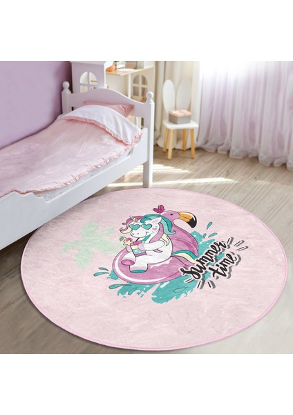 Pembe Zemin Tatil Temalı Unicorn Desenli Çocuk & Genç Odası Makinede Yıkanabilir Kaymaz Tabanlı Yuvarlak Çocuk Halısı fiyatları