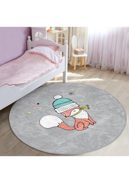 Gri Zeminde Sevimli Tilki Desenli Çocuk & Genç Odası Makinede Yıkanabilir Kaymaz Tabanlı Yuvarlak Çocuk Halısı