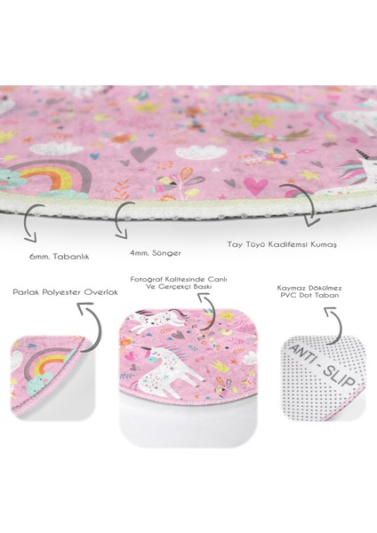 Pembe Zeminli Unicorn Motifli Çocuk & Genç Odası Makinede Yıkanabilir Kaymaz Tabanlı Yuvarlak Çocuk Halısı fırsatları