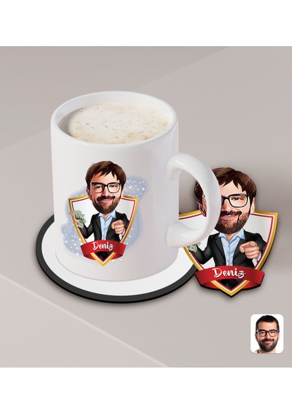 Kişiye Özel Erkek Milyoner Karikatürlü Beyaz Kupa ve Ahşap Bardak Altlığı Hediye Seti-1