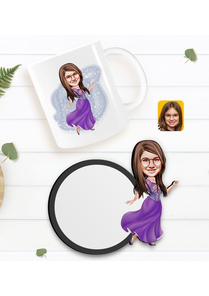 Kişiye Özel Kız Çocuk Prenses Karikatürlü Beyaz Kupa ve Ahşap Bardak Altlığı Hediye Seti-3