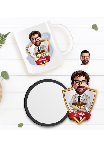 Kişiye Özel Erkek Doğum Günü Karikatürlü Beyaz Kupa ve Ahşap Bardak Altlığı Hediye Seti-4