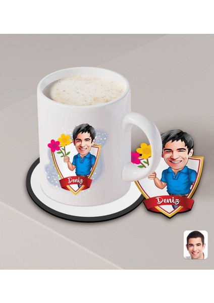 Kişiye Özel Erkek Karikatürlü Beyaz Kupa ve Ahşap Bardak Altlığı Hediye Seti-1 fiyatları