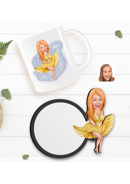 Kişiye Özel Marilyn Monroe Karikatürlü Beyaz Kupa ve Ahşap Bardak Altlığı Hediye Seti-1
