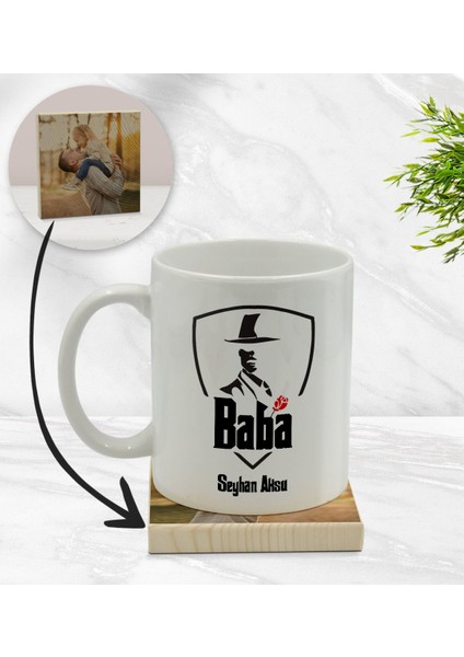 Kişiye Özel Baba Godfather Tasarımlı Beyaz Kupa Bardak ve Ahşap Bardak Altlığı Hediye Seti - Model 15