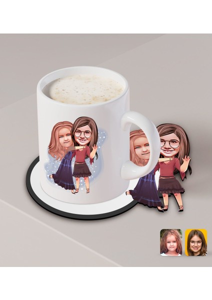 Kişiye Özel Kız Kardeşler Karikatürlü Beyaz Kupa ve Ahşap Bardak Altlığı Hediye Seti-6 fiyatları