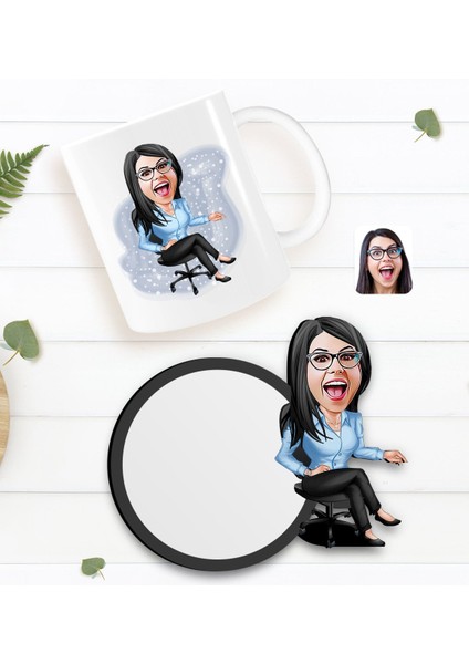 Kişiye Özel Kadın Patron Karikatürlü Beyaz Kupa ve Ahşap Bardak Altlığı Hediye Seti-5