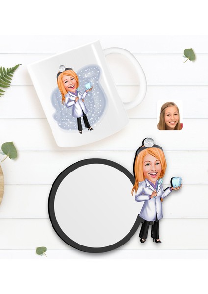 Kişiye Özel Kadın Diş Hekimi Karikatürlü Beyaz Kupa ve Ahşap Bardak Altlığı Hediye Seti-1