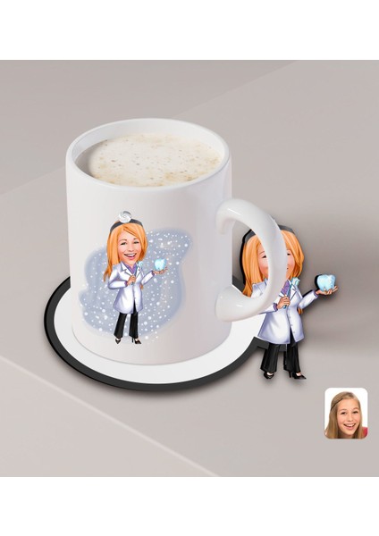 Kişiye Özel Kadın Diş Hekimi Karikatürlü Beyaz Kupa ve Ahşap Bardak Altlığı Hediye Seti-1 fiyatları
