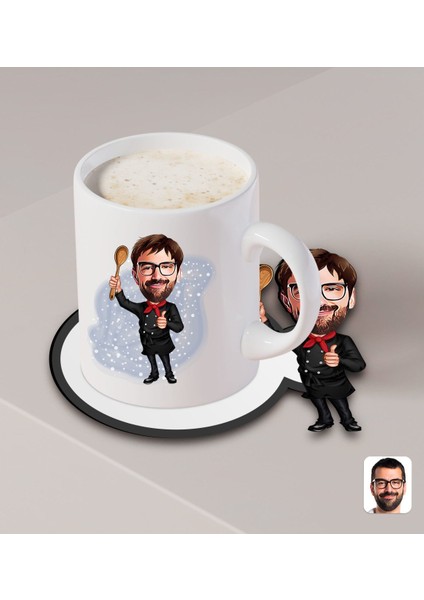 Kişiye Özel Erkek Master Chef Karikatürlü Beyaz Kupa ve Ahşap Bardak Altlığı Hediye Seti-1 fiyatları