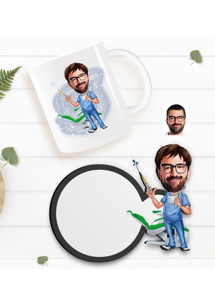 Kişiye Özel Erkek Diş Hekimi Karikatürlü Beyaz Kupa ve Ahşap Bardak Altlığı Hediye Seti-4