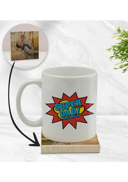 Kişiye Özel Süper Baba Tasarımlı Beyaz Kupa Bardak ve Ahşap Bardak Altlığı Hediye Seti - Model 1