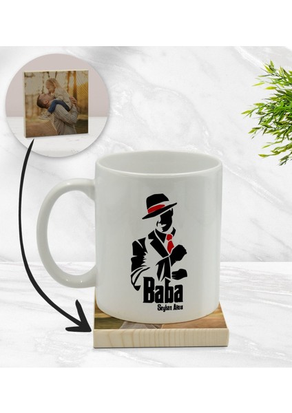 Kişiye Özel Baba Godfather Tasarımlı Beyaz Kupa Bardak ve Ahşap Bardak Altlığı Hediye Seti - Model 18