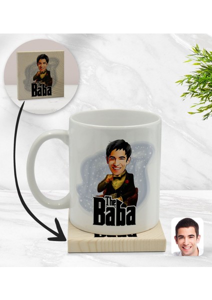 Kişiye Özel Baba Godfather Karikatürlü Beyaz Kupa Bardak ve Ahşap Bardak Altlığı Hediye Seti - Model 3
