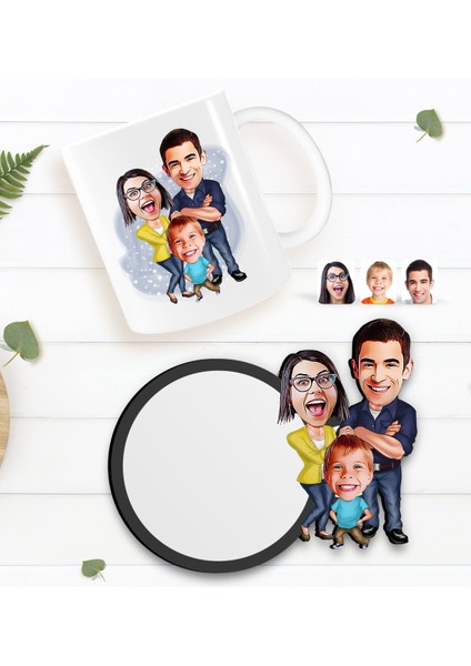 Kişiye Özel Aile Karikatürlü Beyaz Kupa ve Ahşap Bardak Altlığı Hediye Seti-1