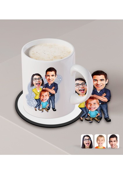Kişiye Özel Aile Karikatürlü Beyaz Kupa ve Ahşap Bardak Altlığı Hediye Seti-1 fiyatları