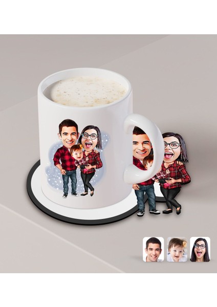 Kişiye Özel Aile Karikatürlü Beyaz Kupa ve Ahşap Bardak Altlığı Hediye Seti-2 fiyatları