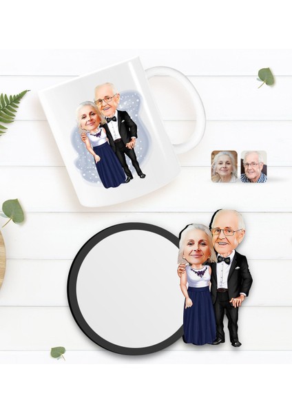 Kişiye Özel Dede ve Büyükanne Karikatürlü Beyaz Kupa ve Ahşap Bardak Altlığı Hediye Seti-1