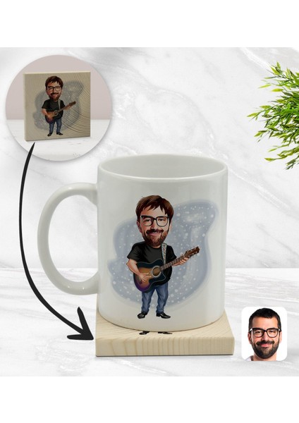 Kişiye Özel Baba Karikatürlü Beyaz Kupa Bardak ve Ahşap Bardak Altlığı Hediye Seti - Model 4