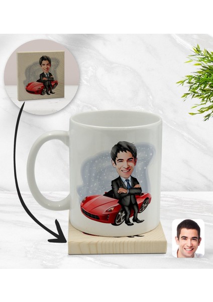 Kişiye Özel Baba Karikatürlü Beyaz Kupa Bardak ve Ahşap Bardak Altlığı Hediye Seti - Model 3