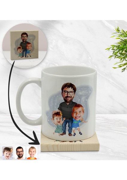 Kişiye Özel Baba Oğul Kız Karikatürlü Beyaz Kupa Bardak ve Ahşap Bardak Altlığı Hediye Seti - Model 1