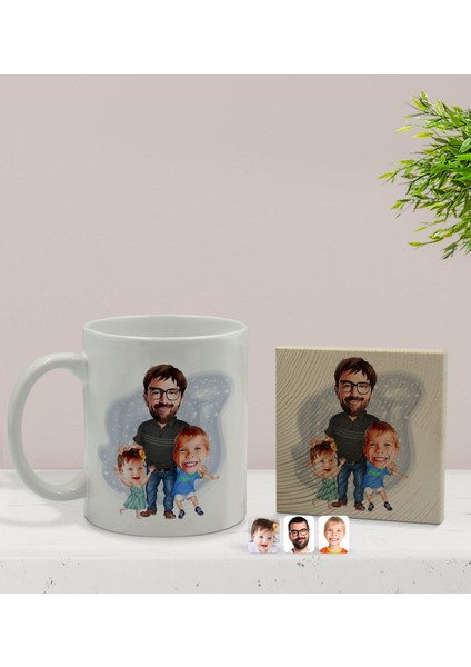 Kişiye Özel Baba Oğul Kız Karikatürlü Beyaz Kupa Bardak ve Ahşap Bardak Altlığı Hediye Seti - Model 1