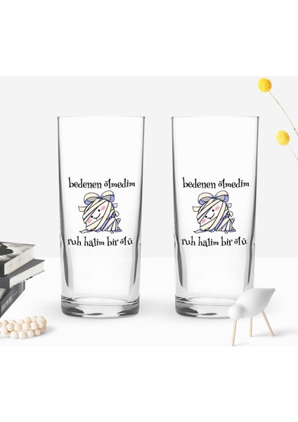 Gift Renkli Baskılı Ruh Halim Bir Ölü Tasarımlı Ikili Rakı Bardağı Seti-1