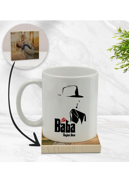 Kişiye Özel Baba Godfather Tasarımlı Beyaz Kupa Bardak ve Ahşap Bardak Altlığı Hediye Seti - Model 16