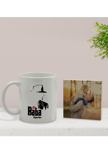 Kişiye Özel Baba Godfather Tasarımlı Beyaz Kupa Bardak ve Ahşap Bardak Altlığı Hediye Seti - Model 16 fiyatları