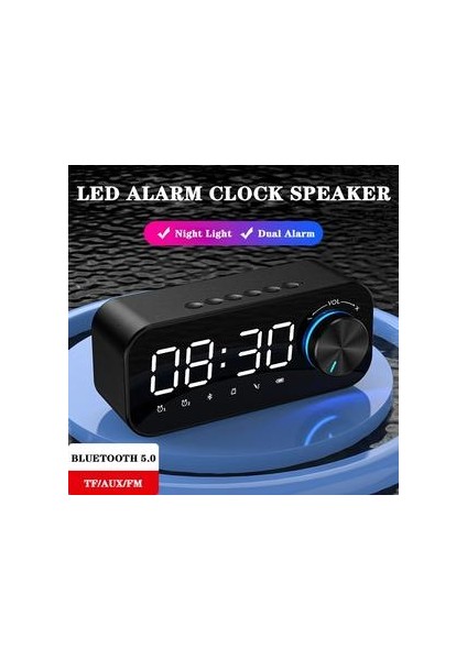 LED Bluetooth Hoparlör Fm Radyo Çalar Saat Kablosuz Müzik Boombox Subwoofer Aux USB Hoparlörler Taşınabilir Hoparlörler (Siyah) (Yurt Dışından) fiyatları