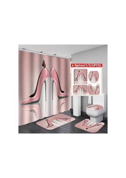 4-Piece Sethigh Pembe Topuklu Su Geçirmez Banyo Duş Perdesi Tuvalet Kapağı Banyo Mat Kaymaz Halı Set Banyo Aksesuarları ile 12 Kanca (180 cm * 180 Cm) (Yurt Dışından)