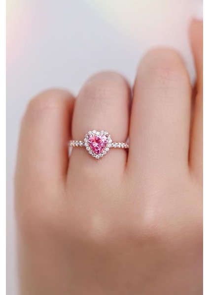 Crystal Diamond Zirconia Labaratuvar Pırlantası 1 Carat Pembe Kalp Tektaş Yüzük