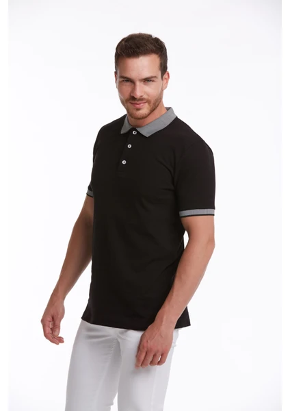 Erkek Siyah %100 Pamuk Regular Fit Polo Yaka Tişört