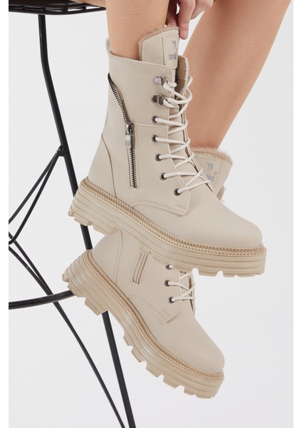 Kadın Krem Cilt Poli Taban Fermuar Detaylı Rahat Kalıp Bağcıklı Bot